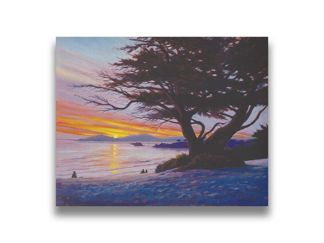 A painting of Carmel Beach, California at sunset, prominently featuring one of their iconic Monterey Cypress trees. Printed on canvas.