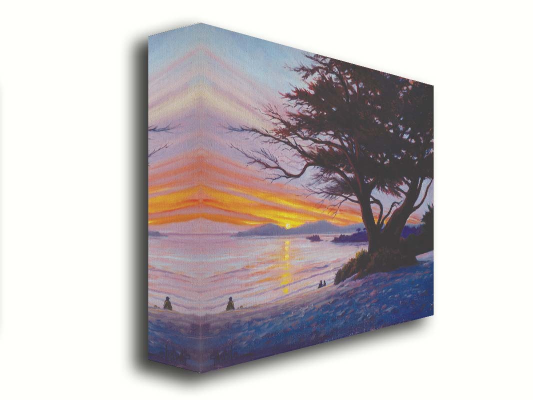 A painting of Carmel Beach, California at sunset, prominently featuring one of their iconic Monterey Cypress trees. Printed on canvas.