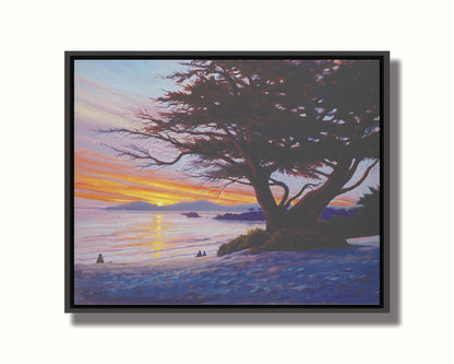 A painting of Carmel Beach, California at sunset, prominently featuring one of their iconic Monterey Cypress trees. Printed on canvas in a float frame.