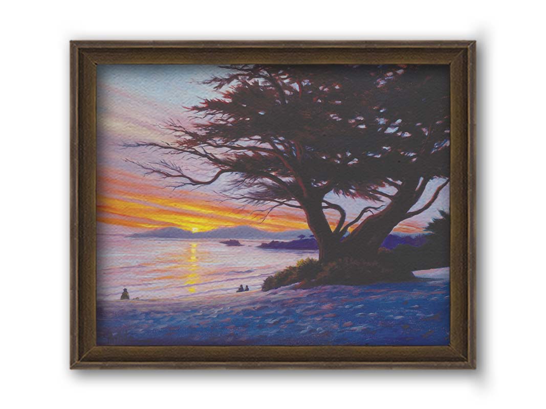 A painting of Carmel Beach, California at sunset, prominently featuring one of their iconic Monterey Cypress trees. Printed on canvas and framed.