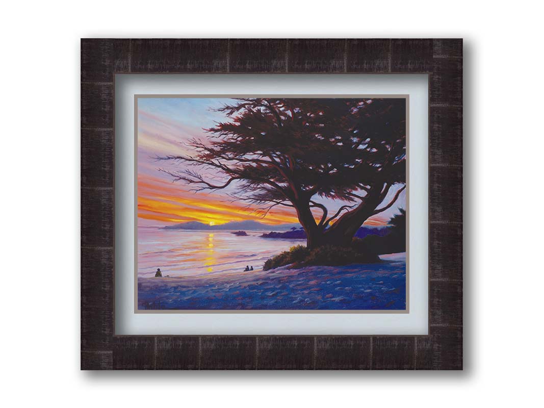 A painting of Carmel Beach, California at sunset, prominently featuring one of their iconic Monterey Cypress trees. Printed on paper, matted, and framed.