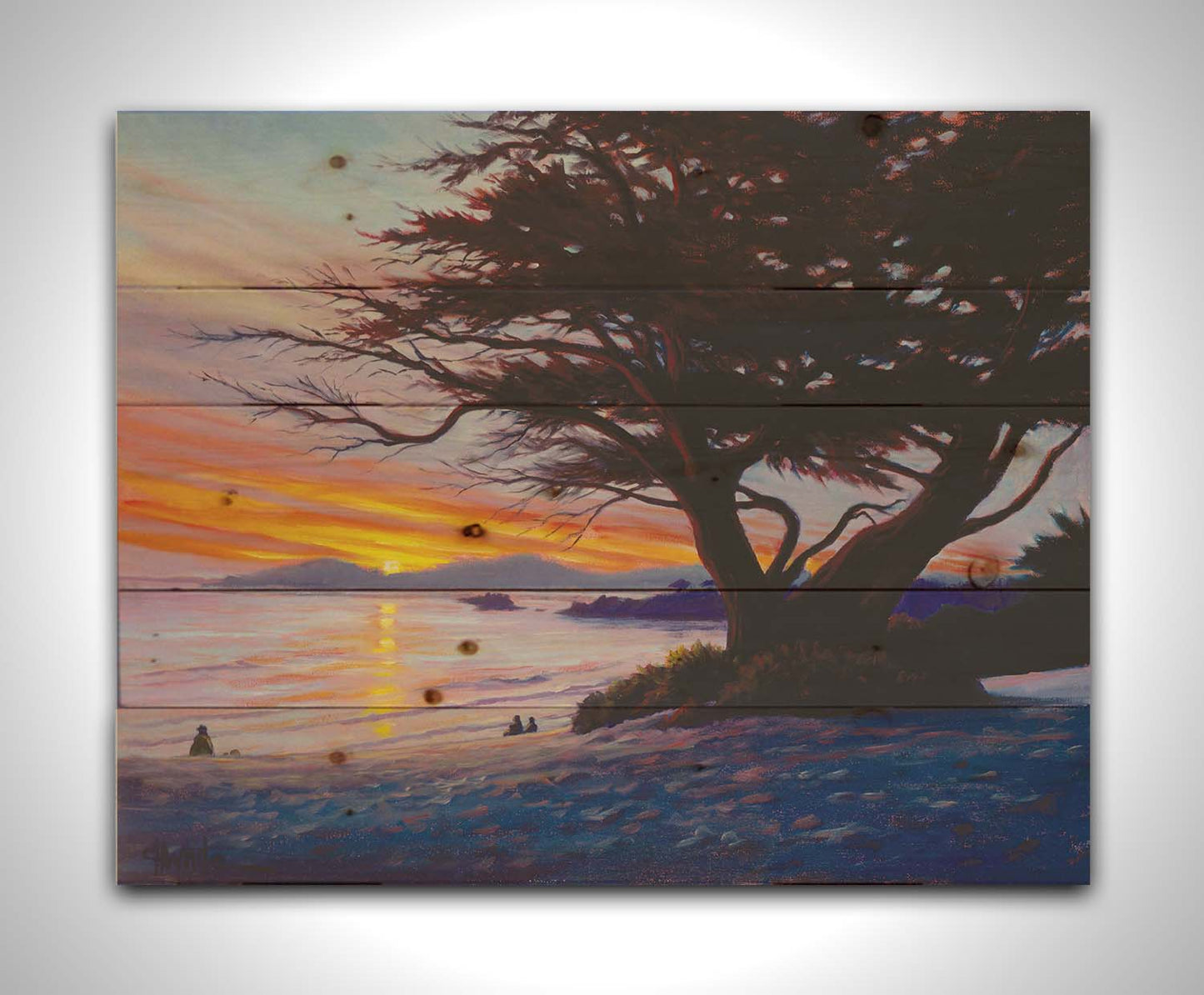 A painting of Carmel Beach, California at sunset, prominently featuring one of their iconic Monterey Cypress trees. Printed on a wood pallet.