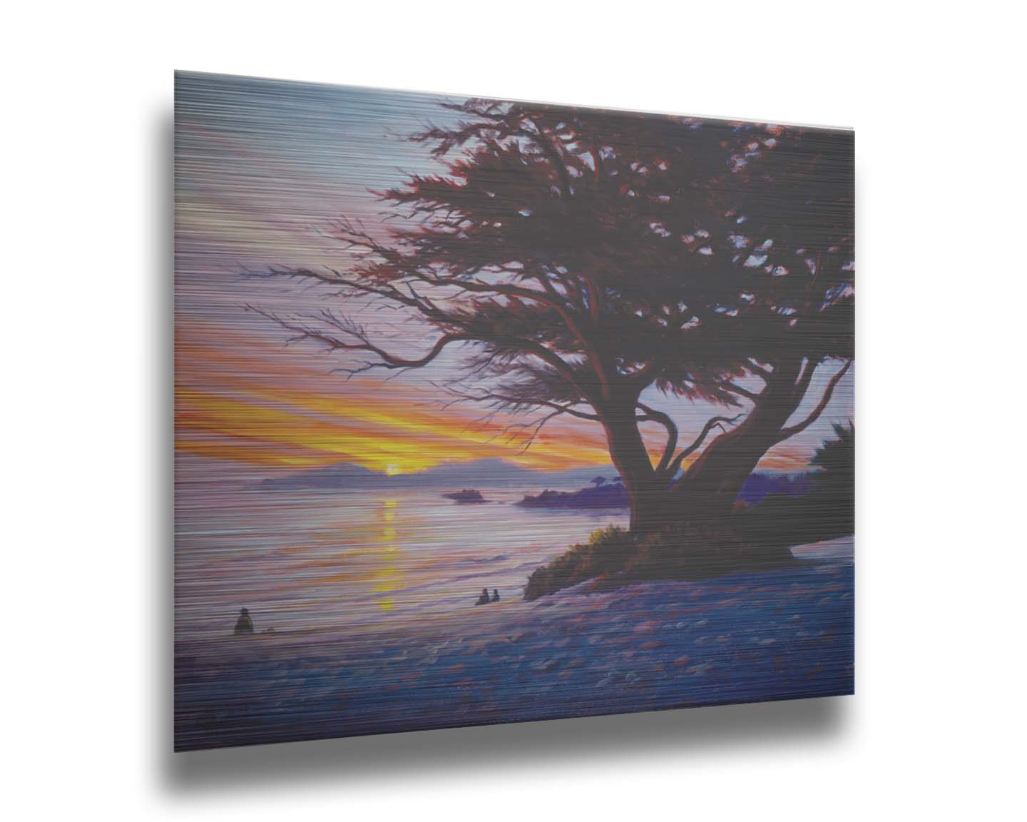 A painting of Carmel Beach, California at sunset, prominently featuring one of their iconic Monterey Cypress trees. Printed on metal.