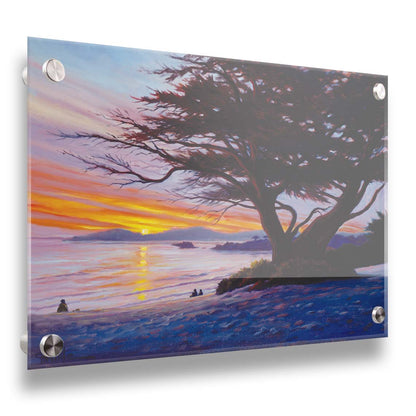 A painting of Carmel Beach, California at sunset, prominently featuring one of their iconic Monterey Cypress trees. Printed on acrylic.