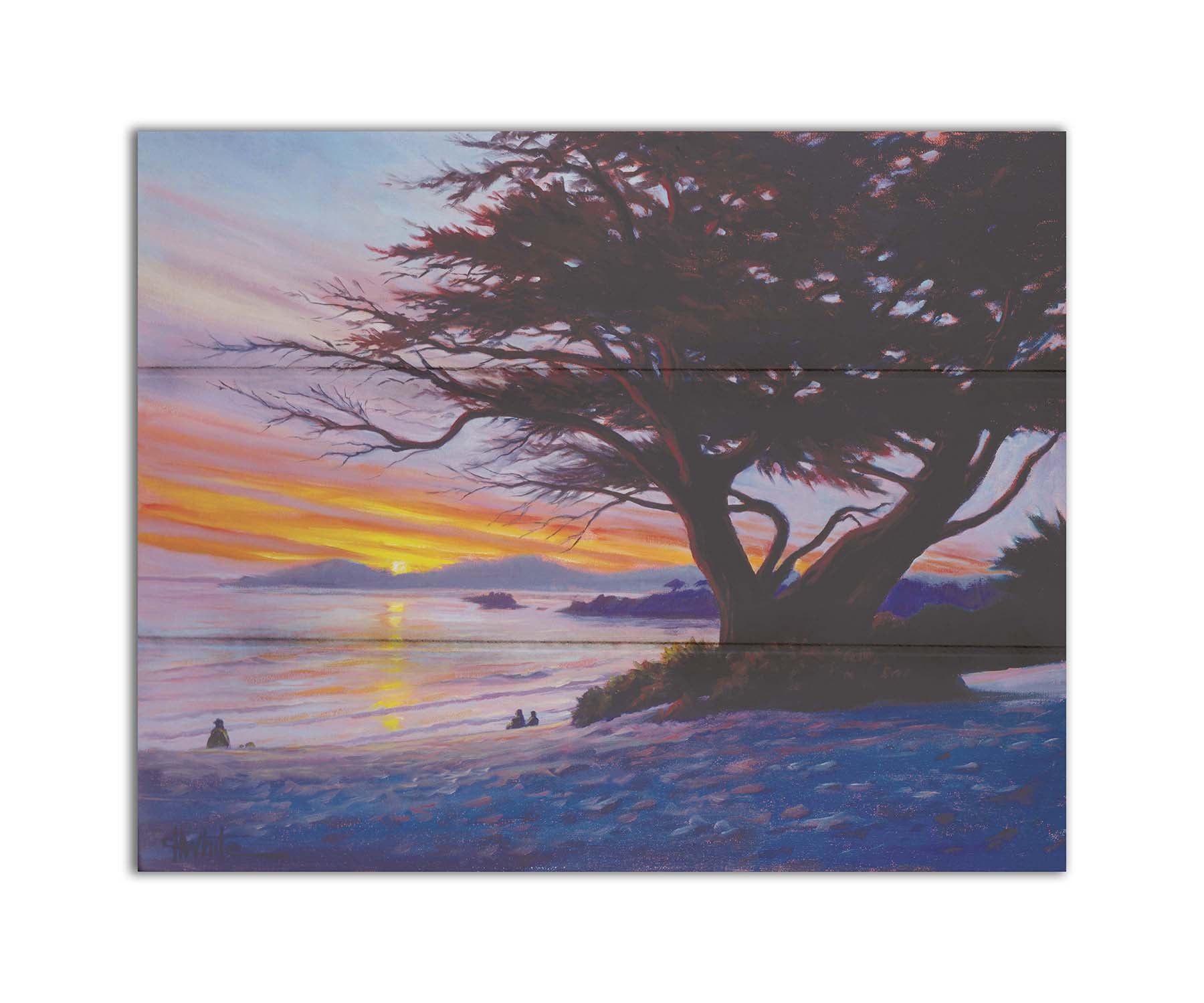 A painting of Carmel Beach, California at sunset, prominently featuring one of their iconic Monterey Cypress trees. Printed on a box board.