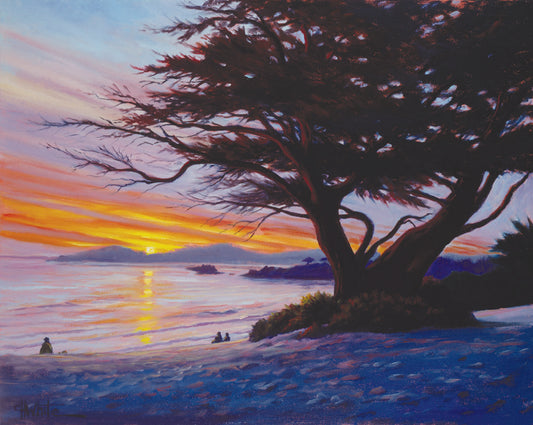 A painting of Carmel Beach, California at sunset, prominently featuring one of their iconic Monterey Cypress trees. 