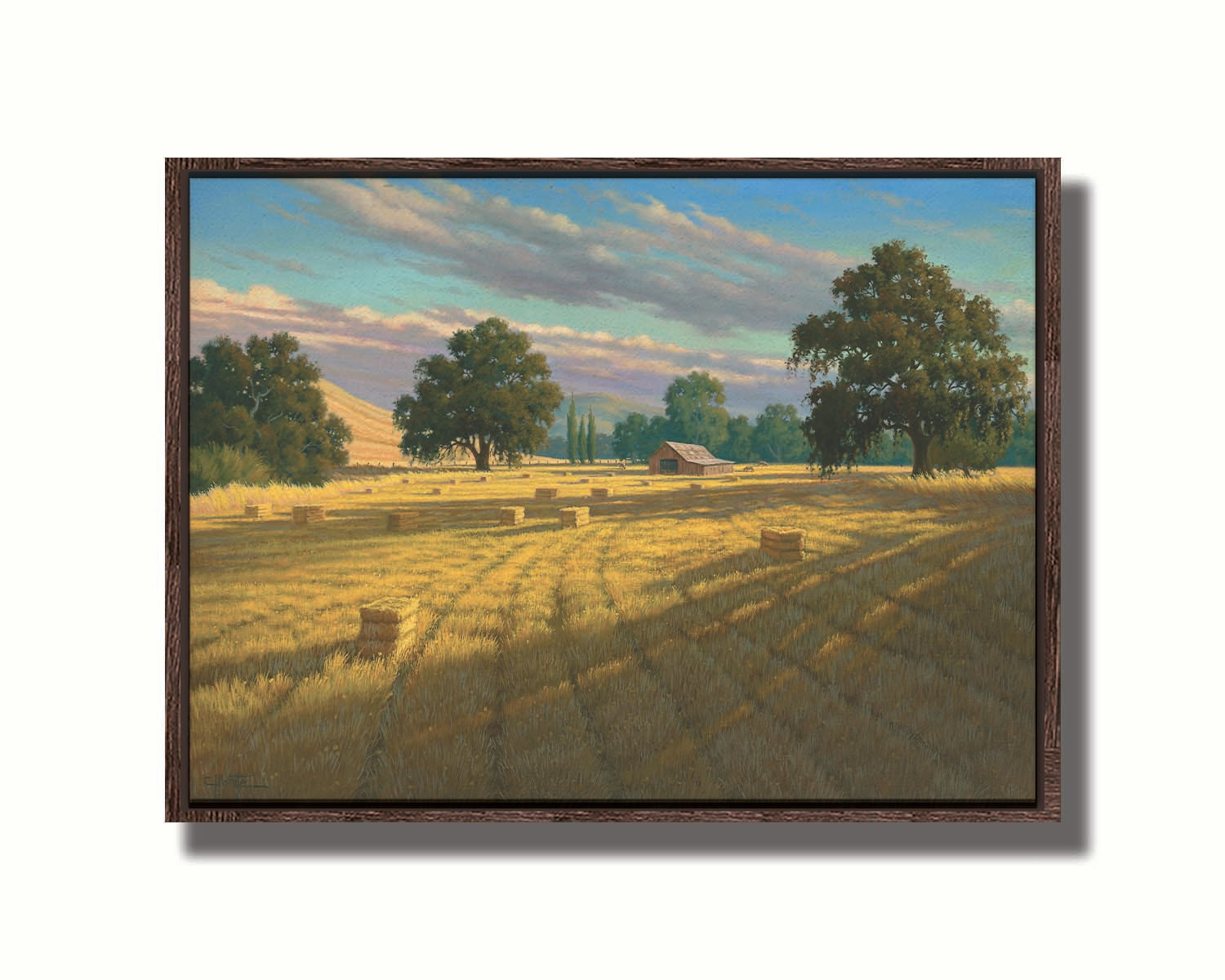 A painting of a field of hay, cut and baled. The vibrant yellows of the grass are highlighted by the warm light of a setting sun. Printed on canvas in a float frame.