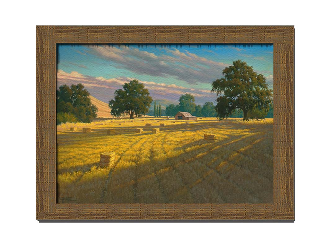 A painting of a field of hay, cut and baled. The vibrant yellows of the grass are highlighted by the warm light of a setting sun. Printed on canvas and framed.