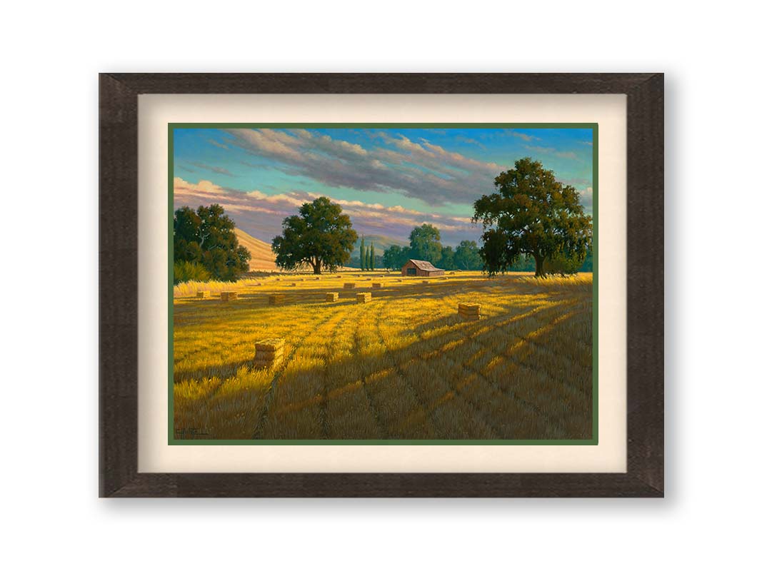 A painting of a field of hay, cut and baled. The vibrant yellows of the grass are highlighted by the warm light of a setting sun. Printed on paper, matted, and framed.