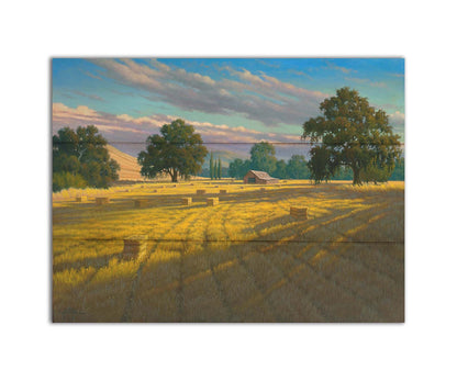 A painting of a field of hay, cut and baled. The vibrant yellows of the grass are highlighted by the warm light of a setting sun. Printed on a box board.