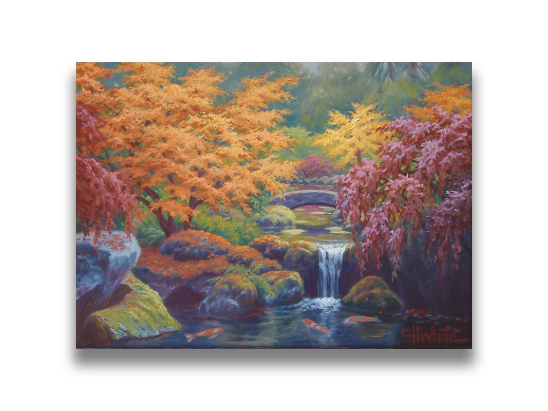 A painting of a garden with red, orange, and green trees. A stone bridge crosses a stream, which runs as a waterfalli into a pond of koi carp. Printed on canvas.