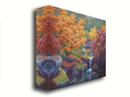 A painting of a garden with red, orange, and green trees. A stone bridge crosses a stream, which runs as a waterfalli into a pond of koi carp. Printed on canvas.