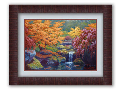 A painting of a garden with red, orange, and green trees. A stone bridge crosses a stream, which runs as a waterfalli into a pond of koi carp. Printed on paper, matted, and framed.