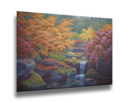 A painting of a garden with red, orange, and green trees. A stone bridge crosses a stream, which runs as a waterfalli into a pond of koi carp. Printed on metal.