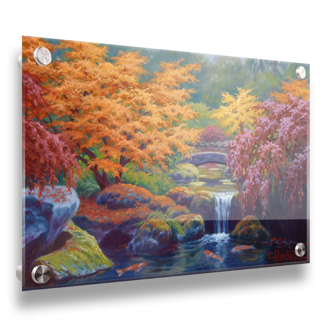 A painting of a garden with red, orange, and green trees. A stone bridge crosses a stream, which runs as a waterfalli into a pond of koi carp. Printed on acrylic.