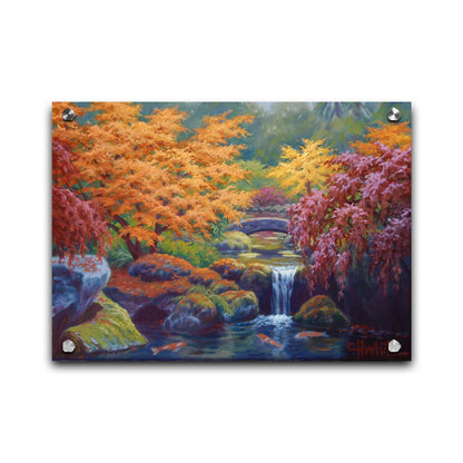 A painting of a garden with red, orange, and green trees. A stone bridge crosses a stream, which runs as a waterfalli into a pond of koi carp. Printed on acrylic.