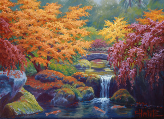 A painting of a garden with red, orange, and green trees. A stone bridge crosses a stream, which runs as a waterfall into a pond of koi carp.