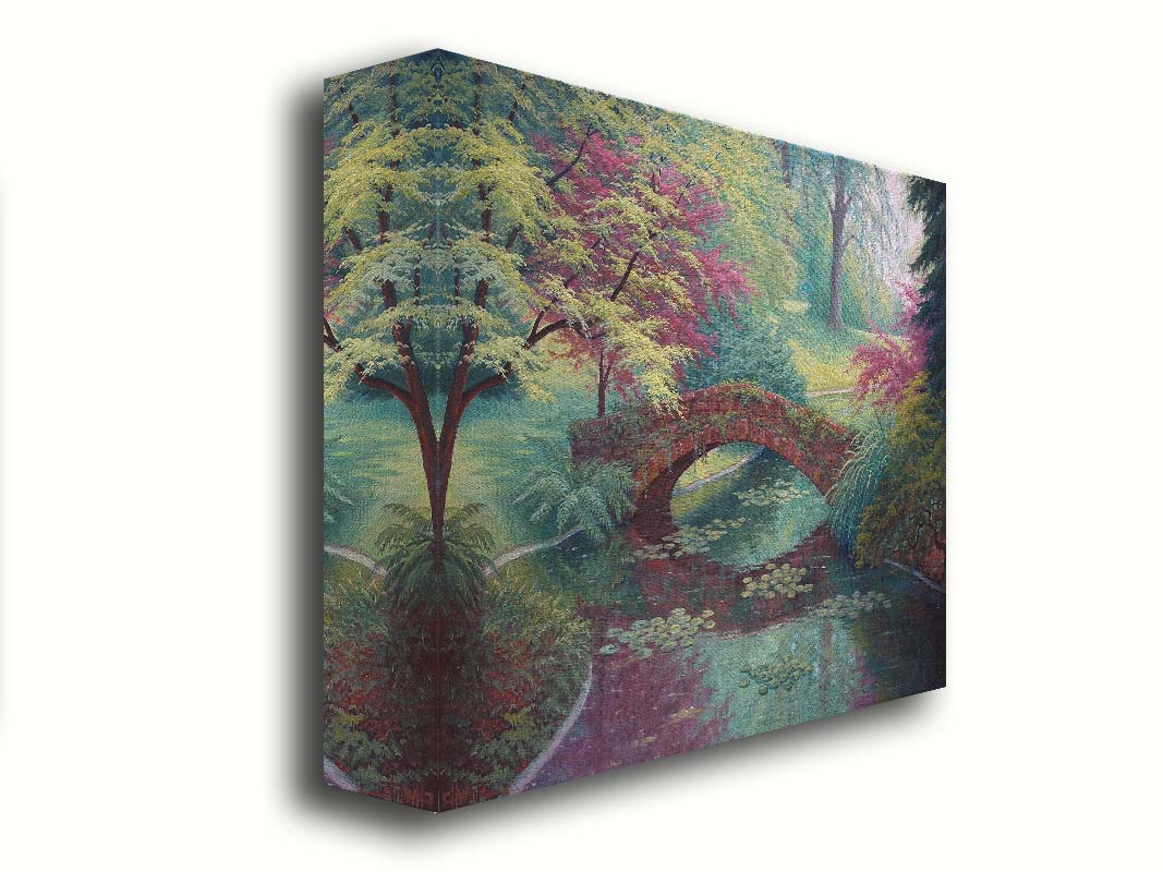 A painting of a red stone bridge crossing a river of lily pads. Red and green trees, grasses, and ferns surround it. Printed on canvas.