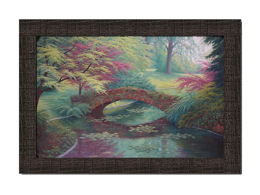 A painting of a red stone bridge crossing a river of lily pads. Red and green trees, grasses, and ferns surround it. Printed on canvas and framed.