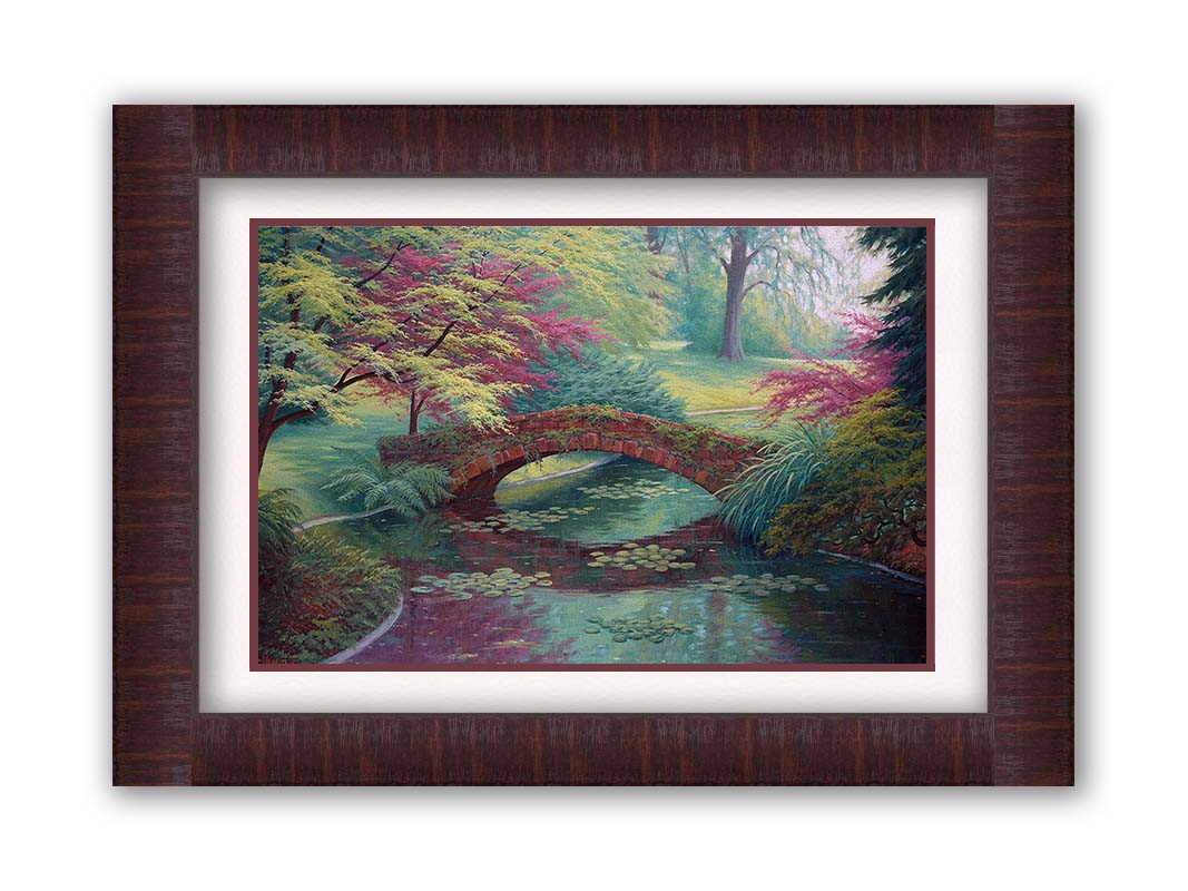 A painting of a red stone bridge crossing a river of lily pads. Red and green trees, grasses, and ferns surround it. Printed on paper, matted, and framed.