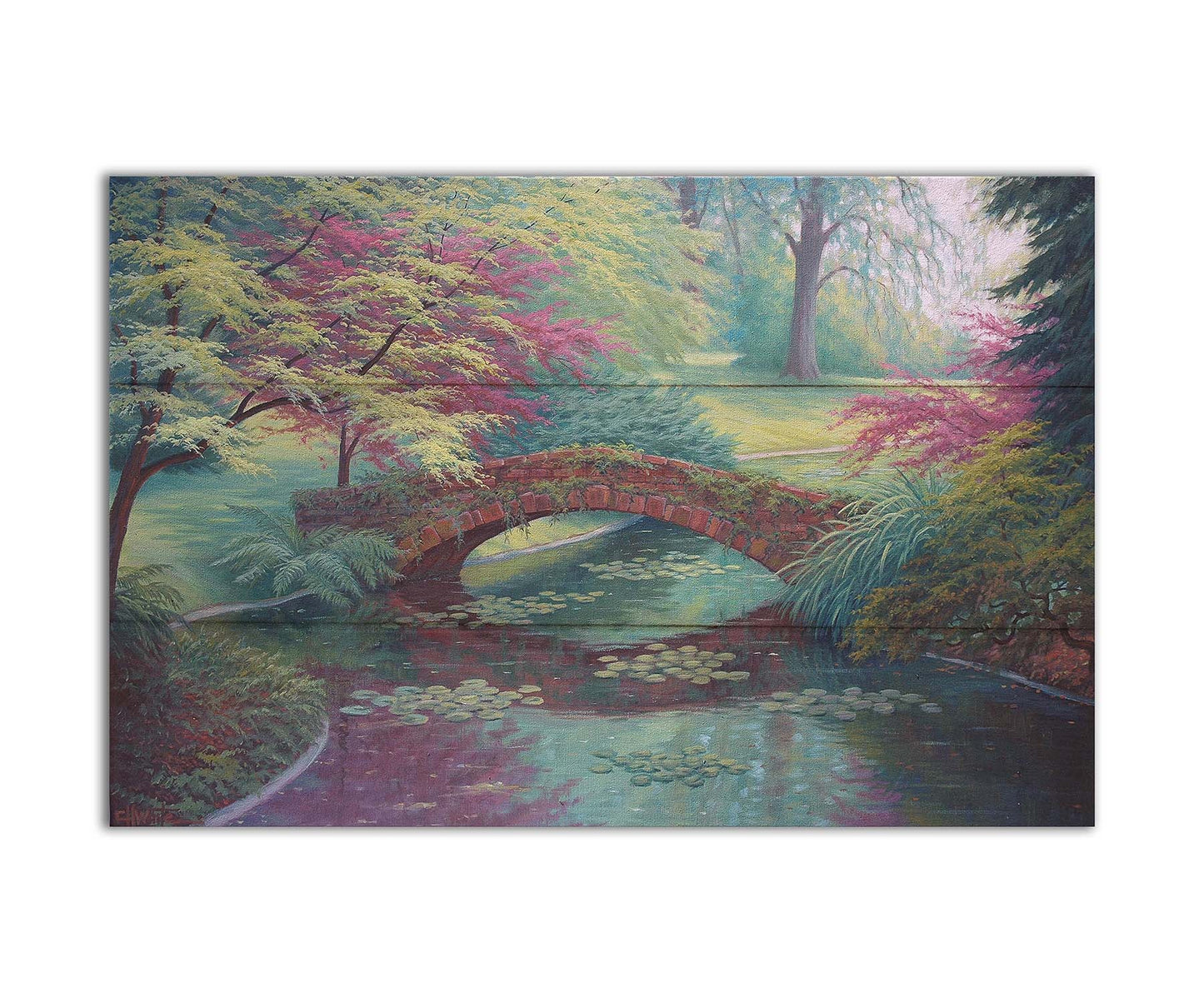 A painting of a red stone bridge crossing a river of lily pads. Red and green trees, grasses, and ferns surround it. Printed on a box board.