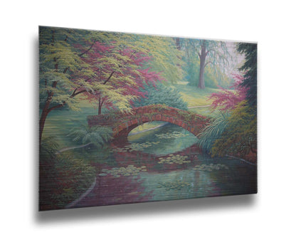 A painting of a red stone bridge crossing a river of lily pads. Red and green trees, grasses, and ferns surround it. Printed on metal.