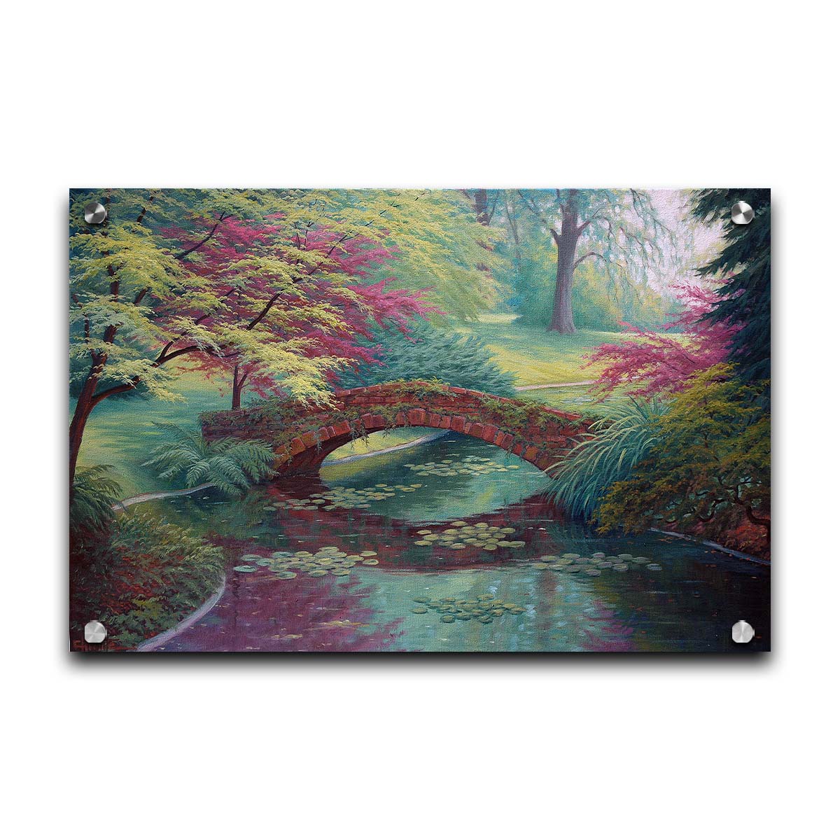 A painting of a red stone bridge crossing a river of lily pads. Red and green trees, grasses, and ferns surround it. Printed on acrylic.