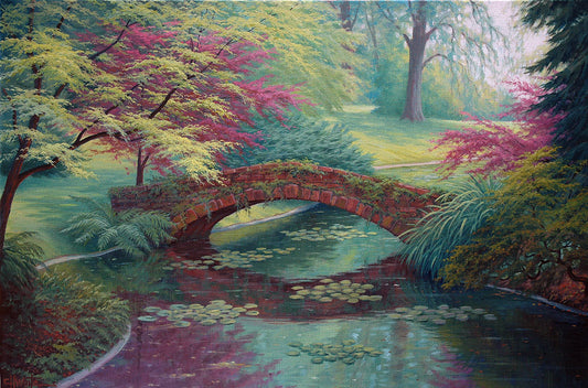 A painting of a red stone bridge crossing a river of lily pads. Red and green trees, grasses, and ferns surround it. 