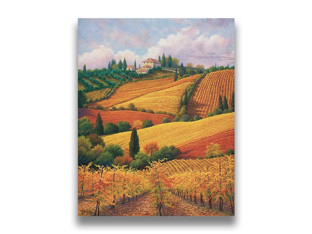 A painting of the Tuscany countryside. All the visible land has been turned eto crop fields, with rows of grape vines in the foreground. On the hills in the distance site a series of white buildings. Printed on canvas.