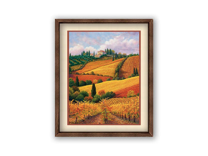 A painting of the Tuscany countryside. All the visible land has been turned eto crop fields, with rows of grape vines in the foreground. On the hills in the distance site a series of white buildings. Printed on paper, matted, and framed.