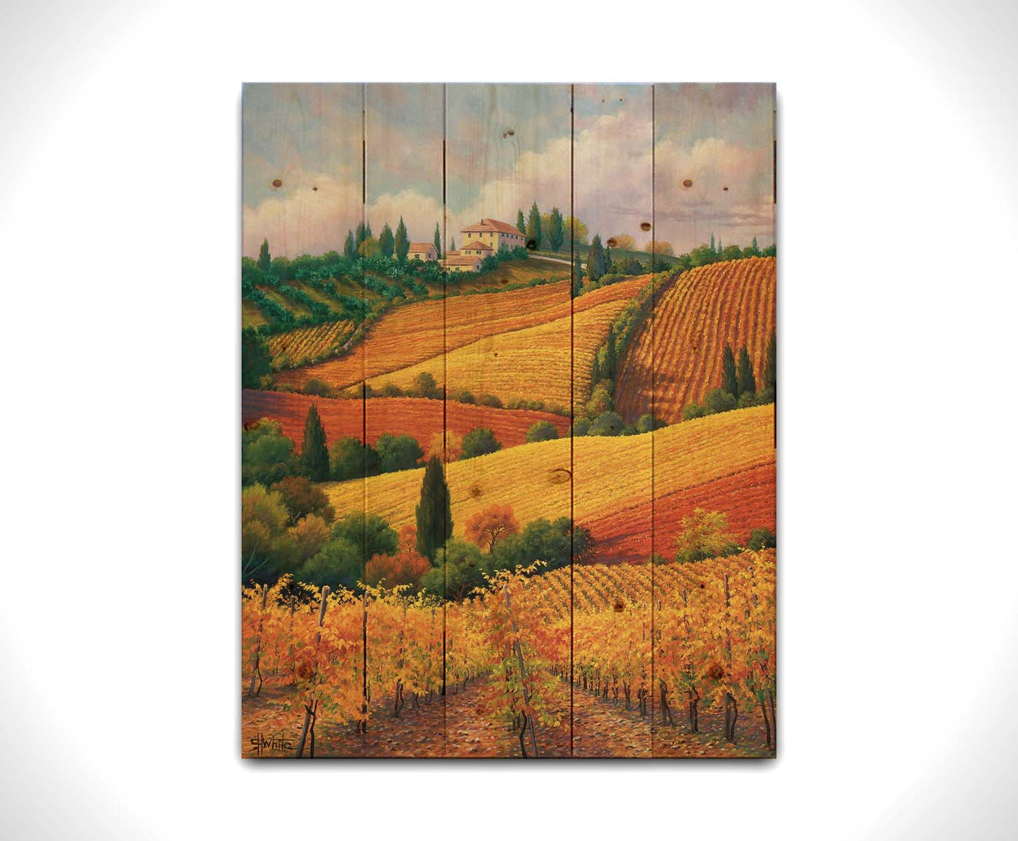 A painting of the Tuscany countryside. All the visible land has been turned eto crop fields, with rows of grape vines in the foreground. On the hills in the distance site a series of white buildings. Printed on a wood pallet.