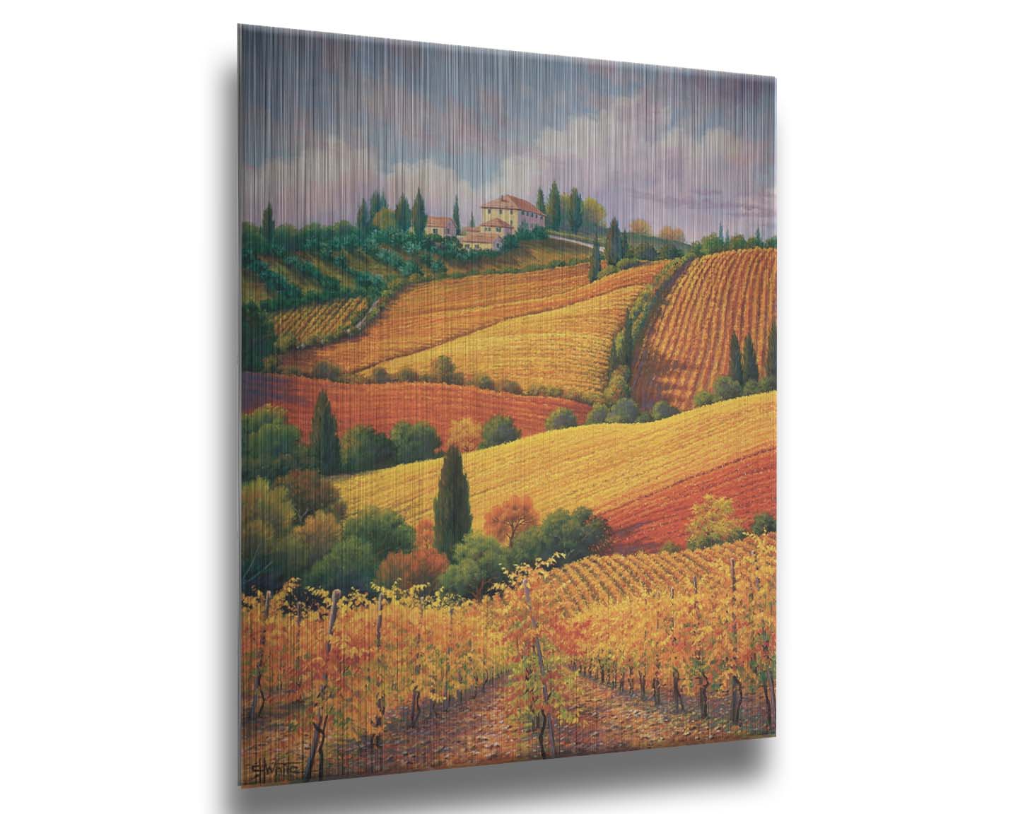 A painting of the Tuscany countryside. All the visible land has been turned into crop fields, with rows of grape vines in the foreground. On the hills in the distance site a series of white buildings. Printed on metal.