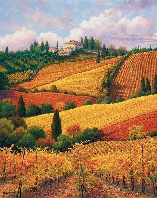 A painting of the Tuscany countryside. All the visible land has been turned into crop fields, with rows of grape vines in the foreground. On the hills in the distance site a series of white buildings. 