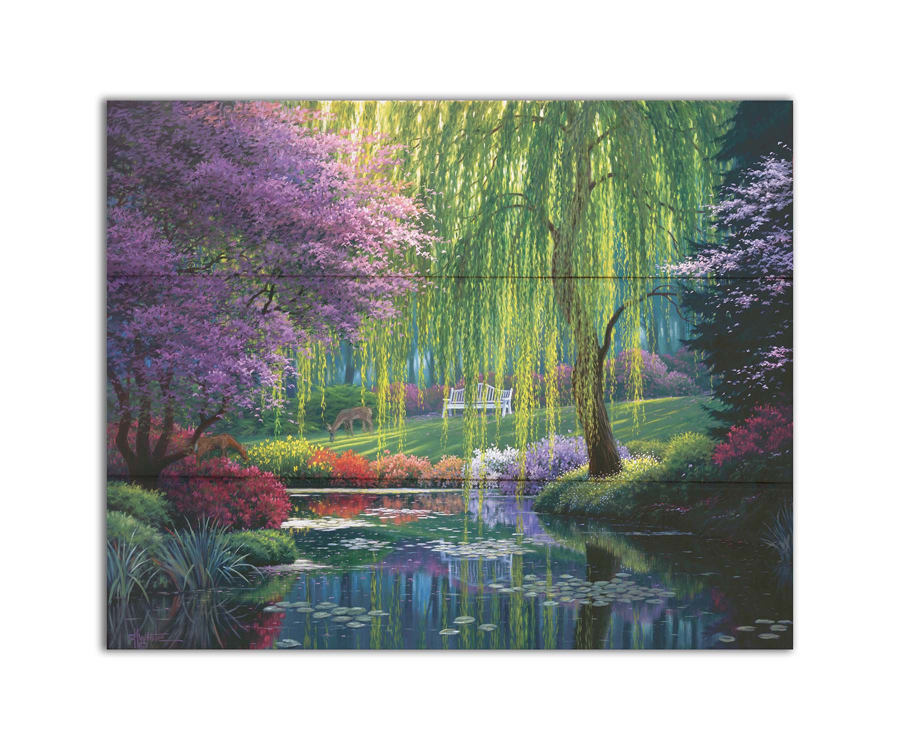 A painting of a garden pont, reflecting the surrounding scenery. Trees blossoming in pink grow with willows alonside the pond, as well as bushes of flowers in pink, red, yellow, white, and purple. Deer graze on the grass in the background, in a clearing with a white bench. Printed on a box board.