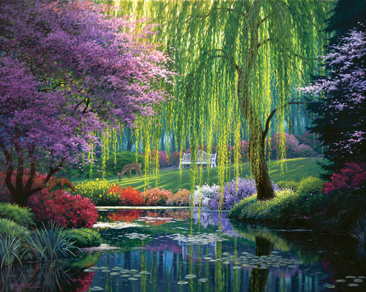 A painting of a garden pond, reflecting the surrounding scenery. Trees blossoming in pink grow with willows alongside the pond, as well as bushes of flowers in pink, red, yellow, white, and purple. Deer graze on the grass in the background, in a clearing with a white bench.