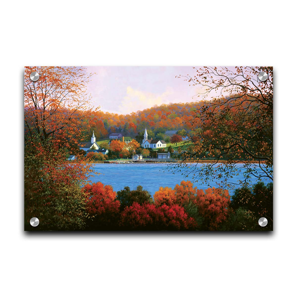 A painting of a small lakeside town, surrounded by an autumn forest. Orange and red leaves contrast green grass and vibrant blue water. Printed on acrylic.