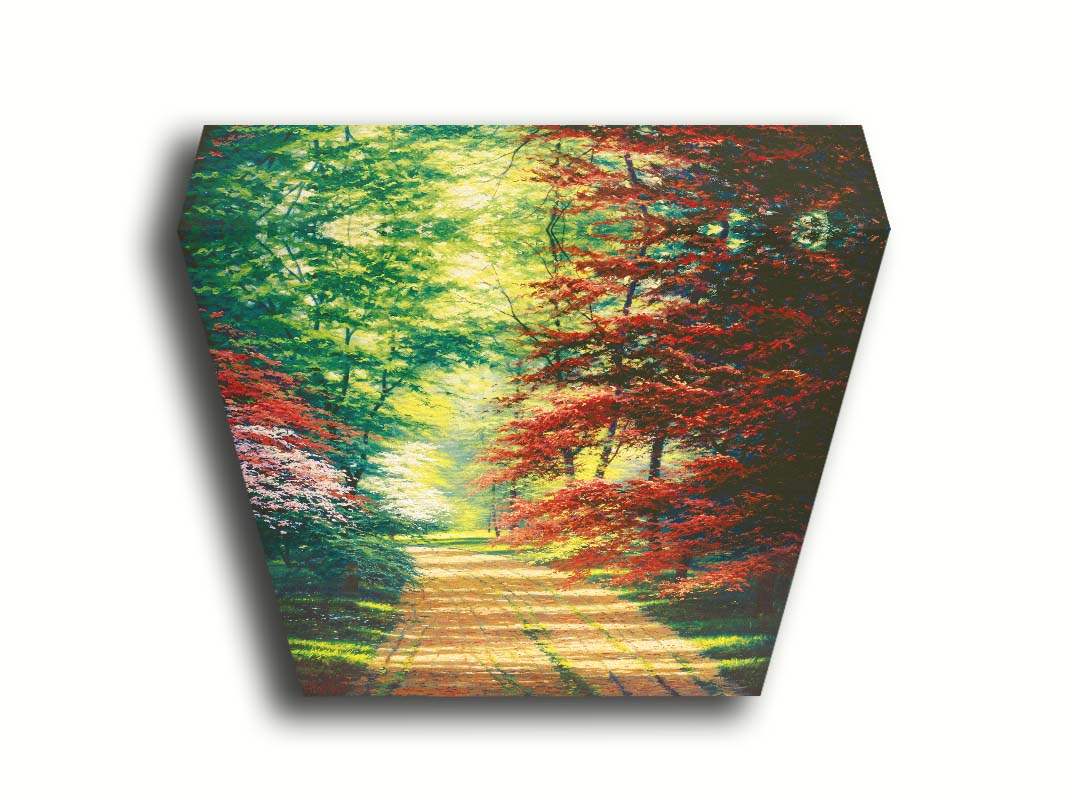 A painting of a dirt path through a spring woodland. Vibrant green trees grow alongside red japanese maples and pink and white blossoms. Printed on canvas.