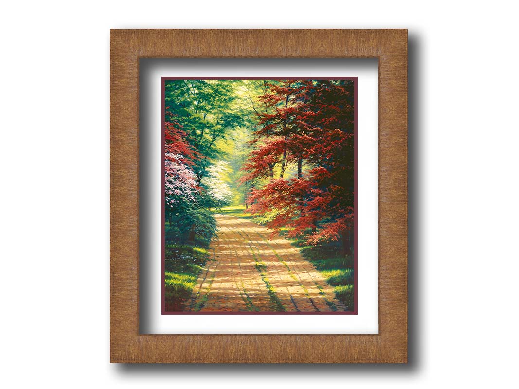 A painting of a dirt path through a spring woodland. Vibrant green trees grow alongside red japanese maples and pink and white blossoms. Printed on paper, matted, and framed.