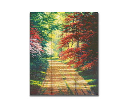 A painting of a dirt path through a spring woodland. Vibrant green trees grow alongside red japanese maples and pink and white blossoms. Printed on a box board.