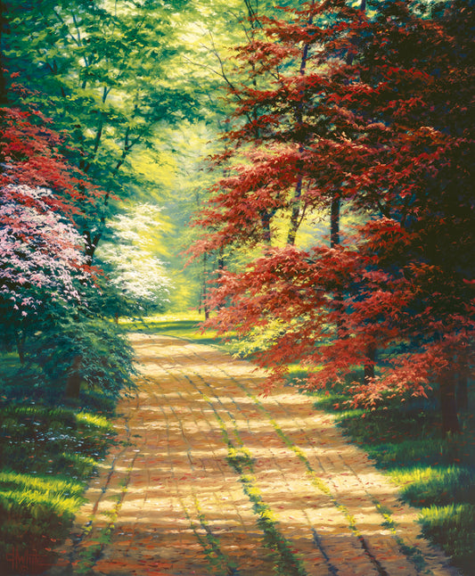 A painting of a dirt path through a spring woodland. Vibrant green trees grow alongside red japanese maples and pink and white blossoms.