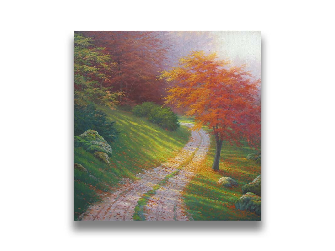 A painting of a gravel road winding around a hill between autumn trees. Printed on canvas.