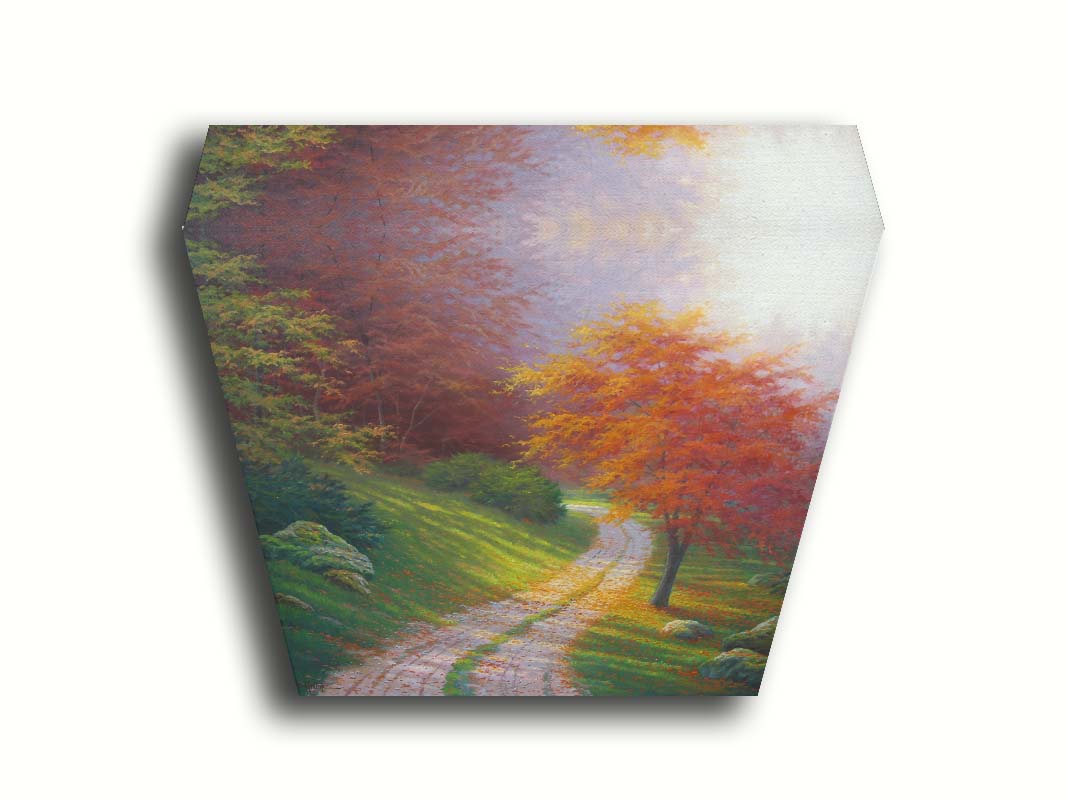 A painting of a gravel road winding around a hill between autumn trees. Printed on canvas.