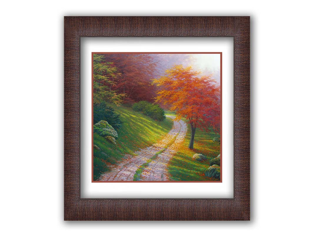 A painting of a gravel road winding around a hill between autumn trees. Printed on paper, matted, and framed.