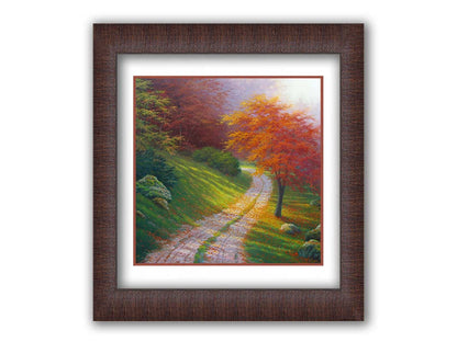 A painting of a gravel road winding around a hill between autumn trees. Printed on paper, matted, and framed.