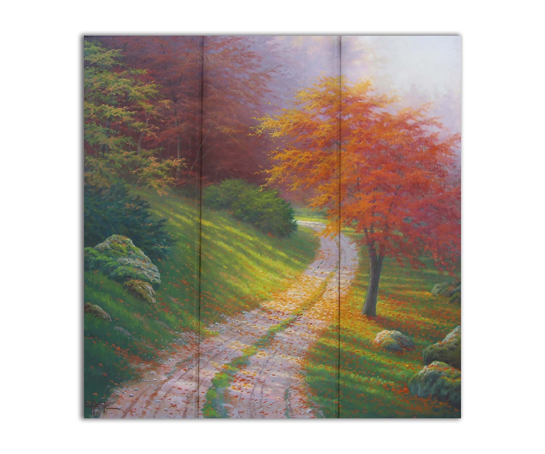 A painting of a gravel road winding around a hill between autumn trees. Printed on a box board.