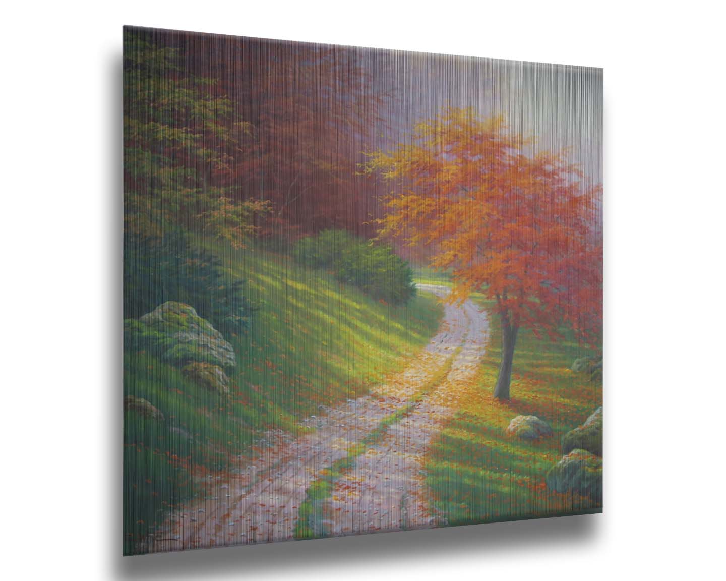 A painting of a gravel road winding around a hill between autumn trees. Printed on metal.