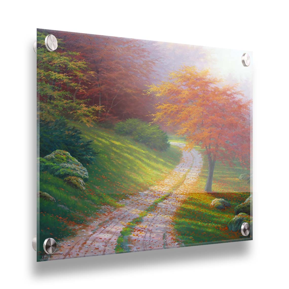 A painting of a gravel road winding around a hill between autumn trees. Printed on acrylic.