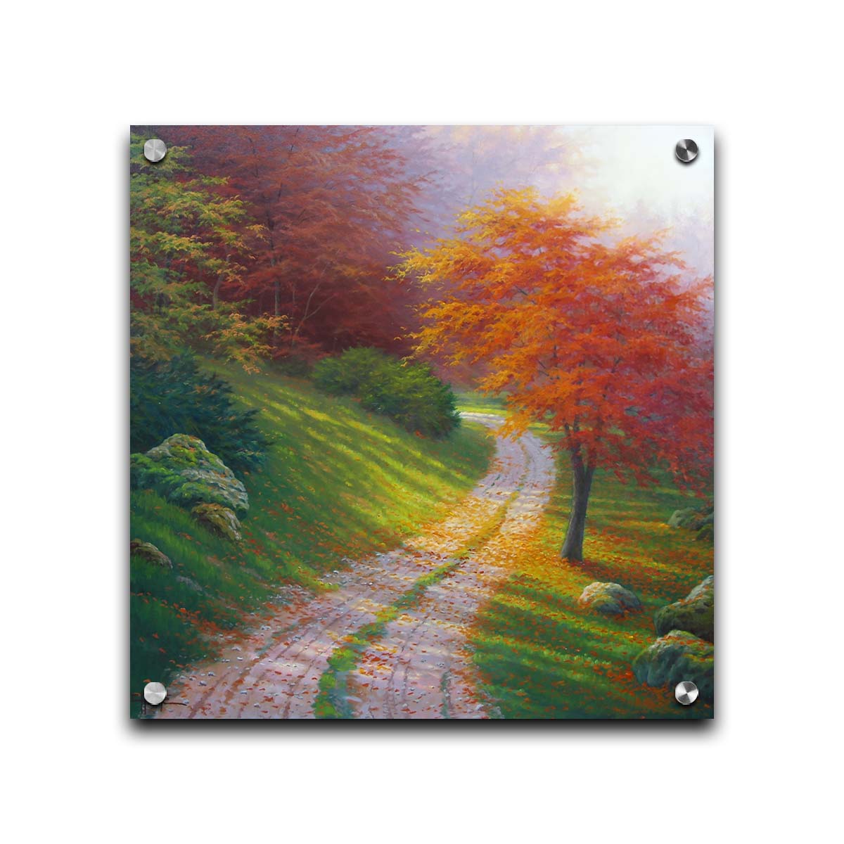 A painting of a gravel road winding around a hill between autumn trees. Printed on acrylic.