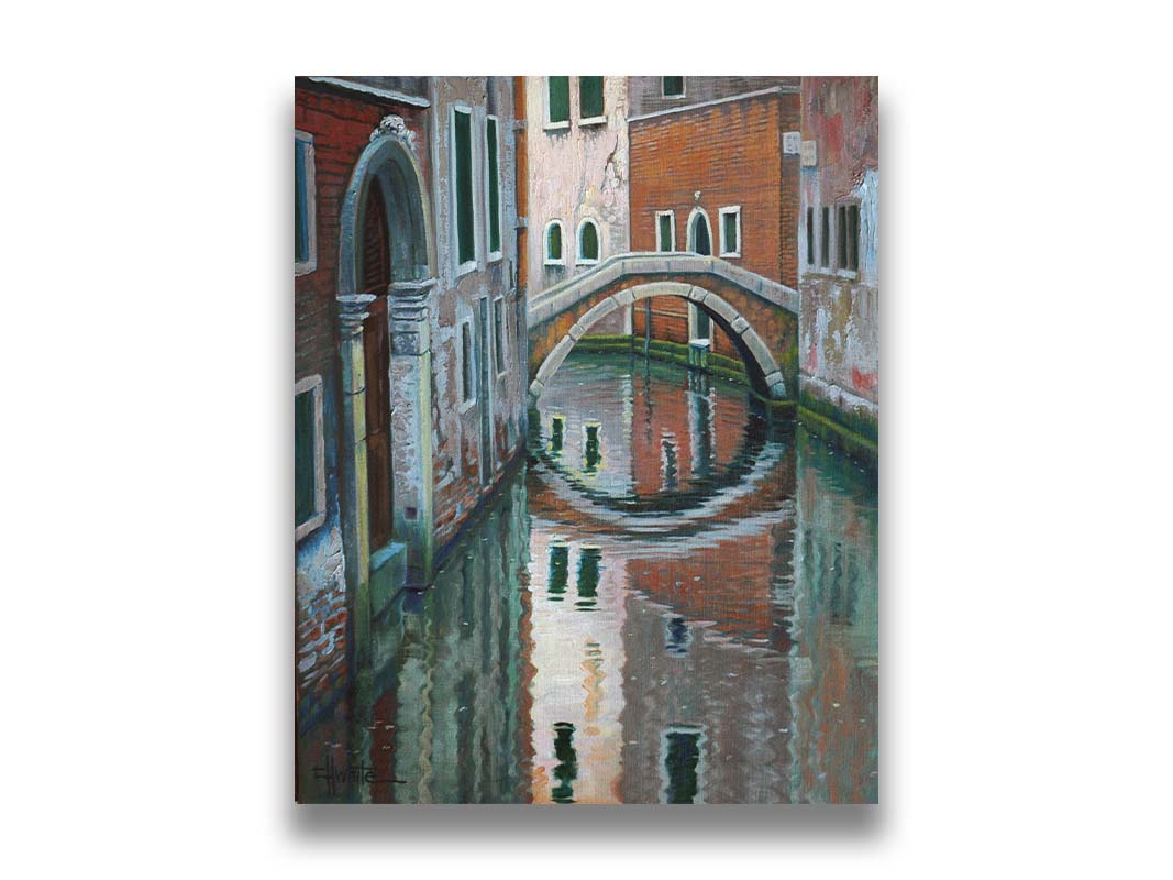 A painting of a Venice canal alleyway, passing under a bridge between old brick buildings. Printed on canvas.