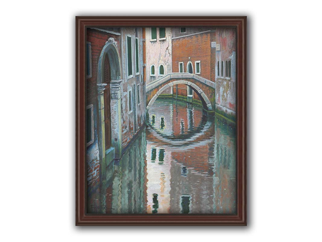 A painting of a Venice canal alleyway, passing under a bridge between old brick buildings. Printed on canvas and framed.